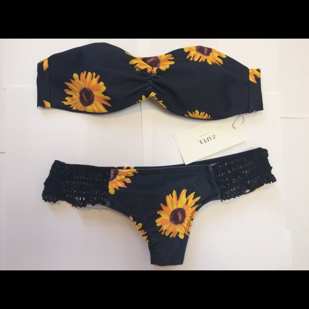 Sunflower Print Push Up Bandeau Bikini